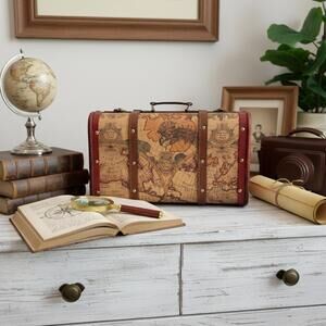 Vintage Style World Map Storage Chest Wooden Suitcase Decor Photo Prop Box
